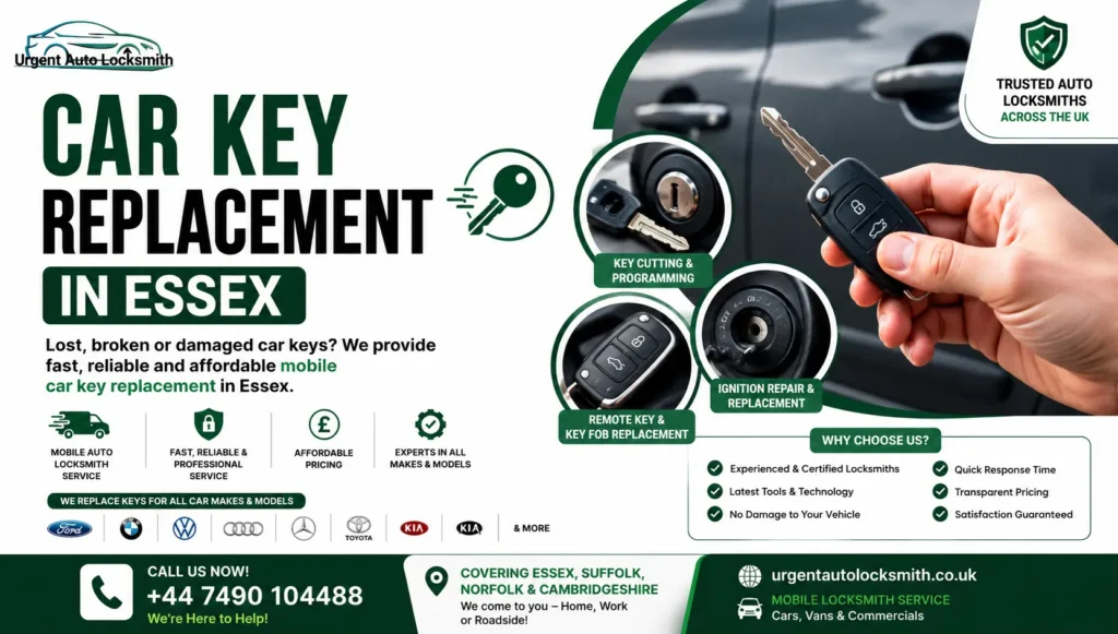 Car Key Replacement in Essex – Fast mobile auto locksmith services for lost, broken, or damaged car keys by Urgent Auto Locksmith