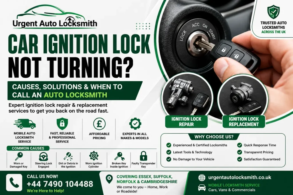 Car ignition lock repair and replacement service by Urgent Auto Locksmith UK for vehicles with ignition lock problems