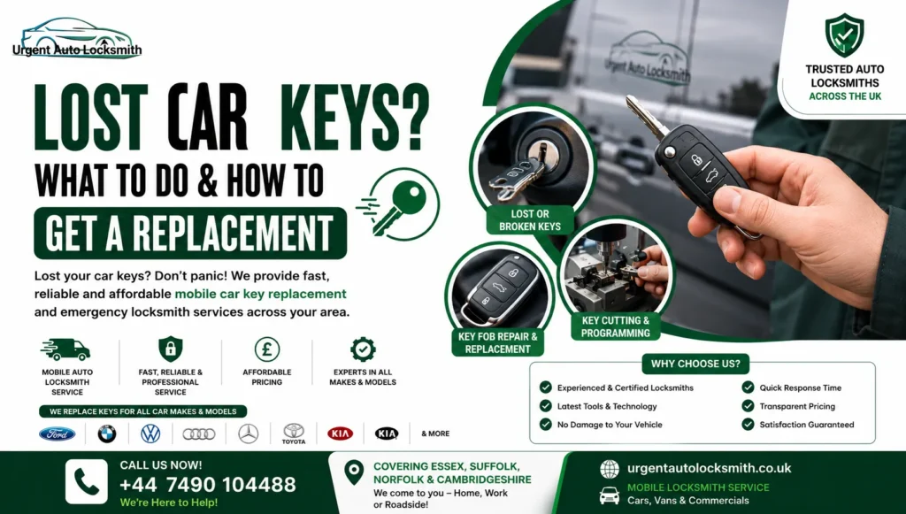 Lost car keys and replacement service from Urgent Auto Locksmith, offering mobile car key replacement, key cutting and programming across Essex, Suffolk, Norfolk and Cambridgeshire.